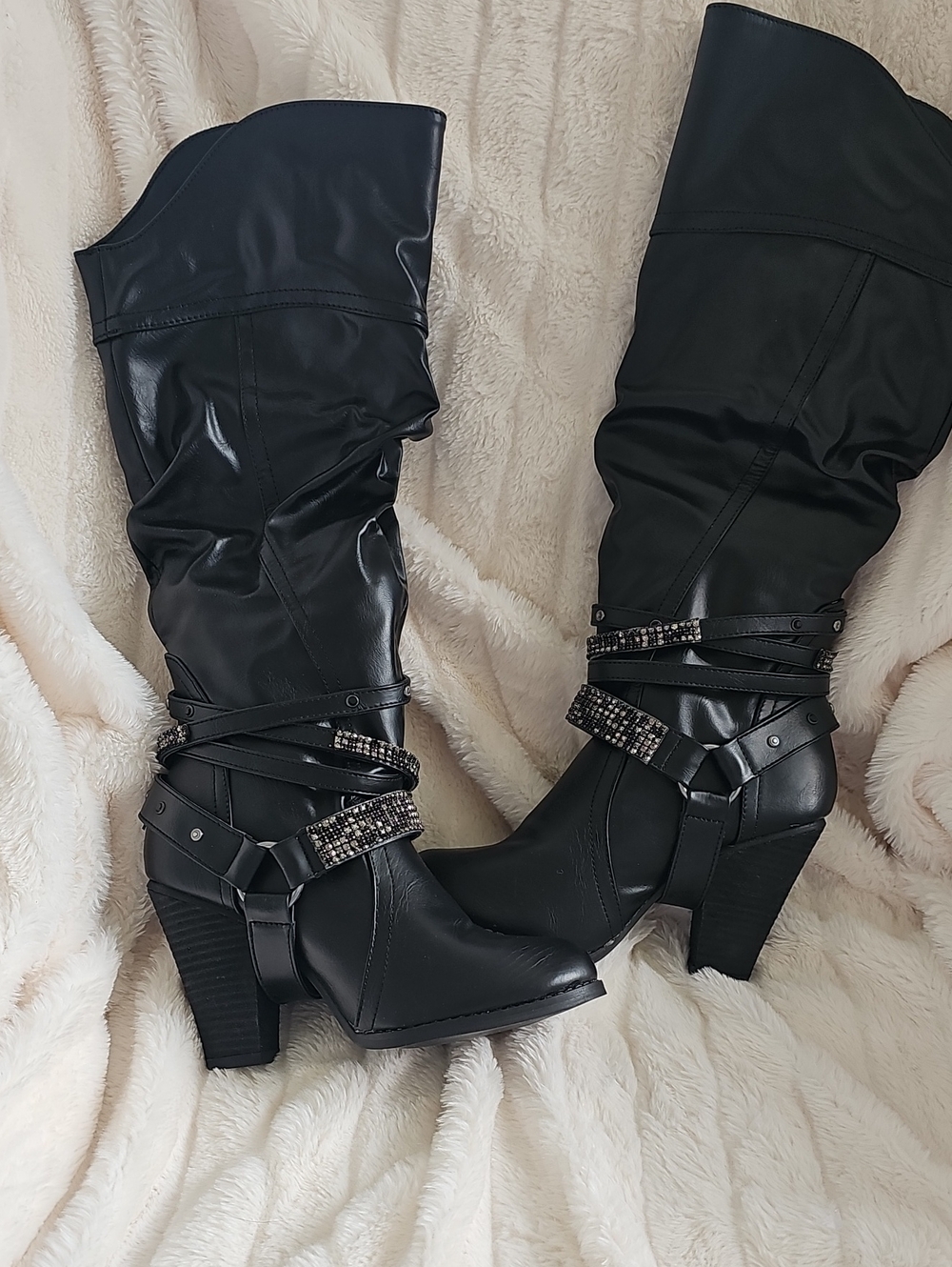 Not Rated Black Mid-Calf Heeled Boots with Studded Wrap Straps